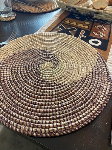 Senegal Placemats/African Bohemian Woven Seagrass Placemats/Natural Wicker Round Basket Placemats/Decorative Hanging Wicker Plates/Hanging Wall Decor (Brown & White) - Image 4