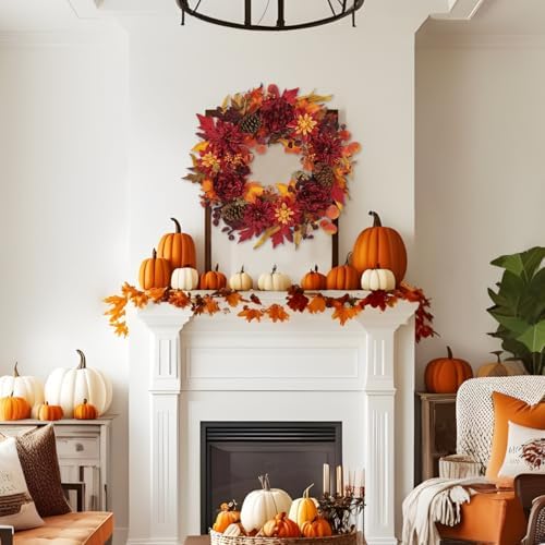 24" Artificial Fall Floral Wreath for Front Door Autumn Wreath with Peony Dahlia Pine Cones for Halloween Thanksgiving Farmhouse Window Wall Décor - Image 7