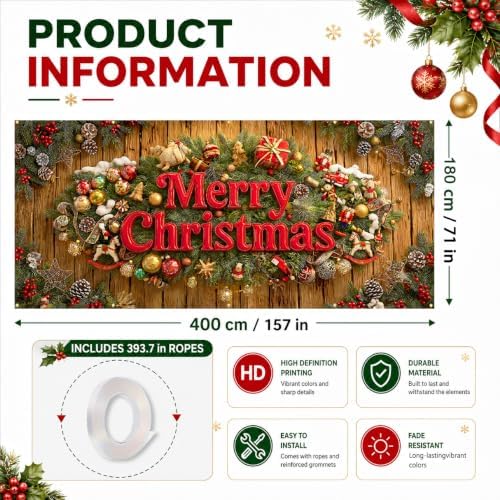 Christmas garage door banner (157.5 x 70.9 inches) featuring a rustic wood-grain design and "Merry Christmas" lettering; suitable for outdoor holiday decoration of homes and yards. - Image 5
