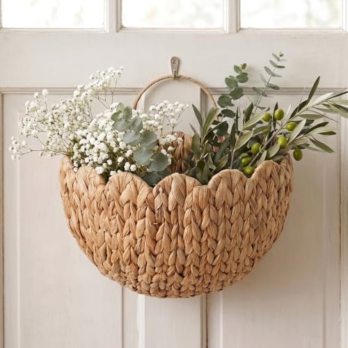 Scalloped Wicker Wall Basket, Water Hyacinth Hanging Basket with Handle - Image 5