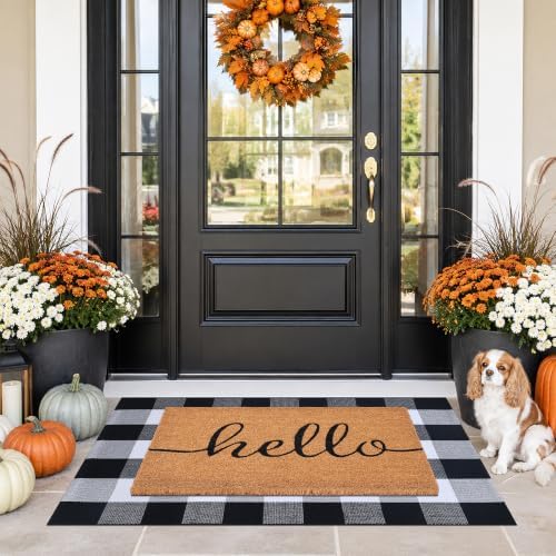 Front Door Mat Combo Set, Hello 100% Coco Coir Welcome Doormat + 28" x 43" Layered Buffalo Black and White Plaid Rug, Spring Thanksgiving Front Porch Entryway Decor Indoor Outdoor Floor Mats - Image 5