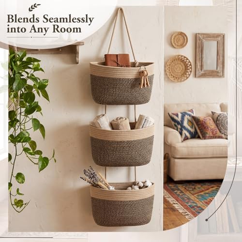 Novabright 3-Tier Hanging Basket Wall Mounted Woven Organizer, Boho Storage - Image 5