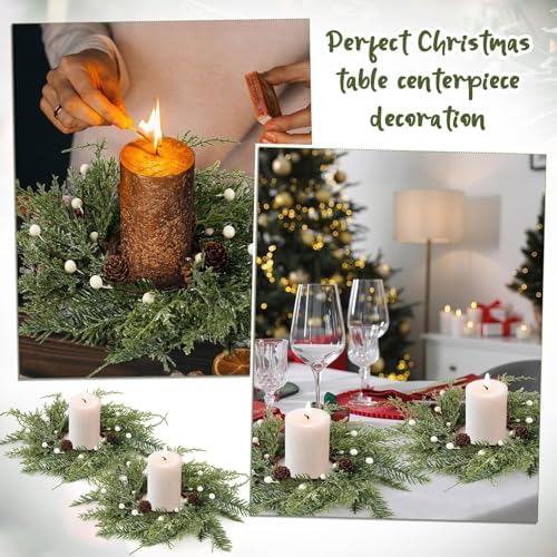 6 PCS Christmas Wreath Christmas Kitchen Cabinet Wreaths with Burlap Ribbon Mini Wreath Pine Garland Frosted Cedar Pine Cone Hanging Garlands Candle Rings for Front Door Window Chair Wall - Image 3