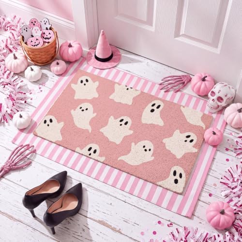 Honoson 2 Pcs Pink Ghost Halloween Doormat Set, Coir Striped Layer Rug by Honoson
