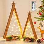 2 Pcs Triangle Tabletop Wooden Christmas Tree with Lights, Modern Farmhouse Rustic Christmas Decor, Small Lighted Xmas Tree for Kitchen Mantle Shelf Living Room(14.2" Large / 11" Small) by NatuBeau