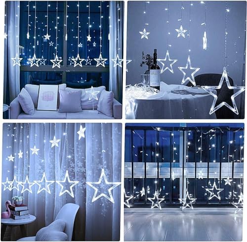 Star Curtain Lights for Bedroom - Plug-in 9ft 138 LED Fairy Twinkle Lights with 12 Star Drops, Connectable Window Lights with Remote 8 Lighting Modes for Indoor Xmas Ramadan Decoration, White - Image 3