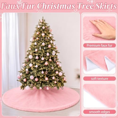 Viorawhite Pink Christmas Tree Skirt, 60 Inch Large Faux Fur - Image 4