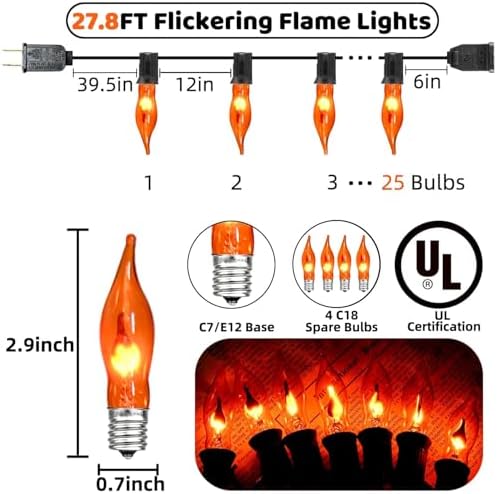27.8Ft Fall Decor Flickering Flame String Lights Orange Halloween Lights with 25+2 Pack C7 Orange Flame Light Bulbs, Flame String Lights for Fall Halloween Decorations for Home Mantel Party Garden - Image 3
