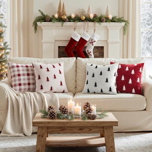 MIULEE Christmas Decorative Chenille Throw Pillow Covers, 18x18 Inch, Red White Tree, Set of 2 Cute Trees with Plaid Patterns Pillows for Sofa Couch Bedroom Chair Xmas Home Decor - Image 4