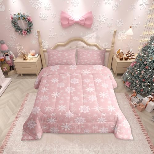 Erosebridal Pink Christmas Comforter Set Queen Girly Romantic Snowflake Duvet Insert Princess Winter Quilt Girls Modern Style Bedding Set Bedroom Decor Pink Floral Bedding Set & 2 Pillowcases - Image 6