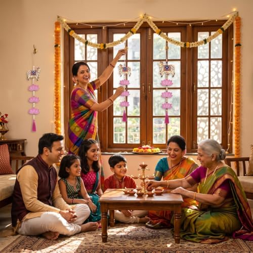 12 Pcs Indian Pichwai Style Diwali Hanging Decor, Pink Lotus with Cow - Image 6