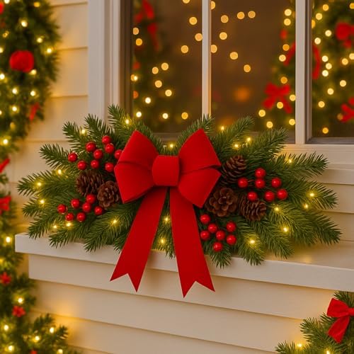 Yalikop 1 Pcs 24.5 Inch Christmas Swags with Light, Red Bow and Berry by Yalikop