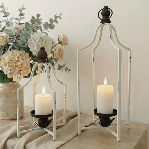 12.5" & 16.5" Timeless Cozy Decorative Lanterns Set of 2, Handcrafted Metal Iron Candle Holders, Farmhouse Elegance Fireplace Mantel Table Festive Gatherings Decor by FenisamDecorYourChoice