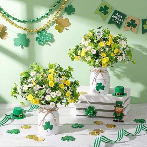 Canlierr 10 Pcs St. Patrick's Day Decorations Table Centerpiece Artificial Daisy Four Leaf Clover Branches with Vase Set Green Floral Arrangements for Home Farmhouse Party - Image 4