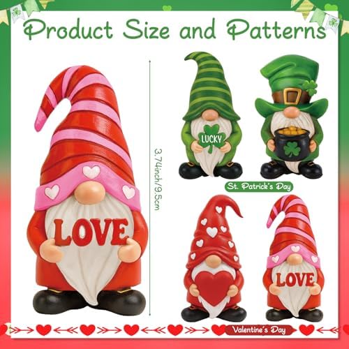 Simgoing 4 Pcs Holiday Gnomes Figurines 2 Valentines 2 St Patrick's Day Gnomes, Resin Love Heart Figurines Lucky Tabletop Decor Holiday Statues Centerpieces for Spring Home Table Tiered Tray Fireplace - Image 2