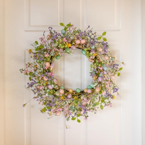 J'FLORU Artificial Easter Wreath 22 Inch Easter Wreaths for Front Door Colorful Egg Wreath with Flowers Green Leaves for Door Wall Porch Farmhouse Decor - Image 2