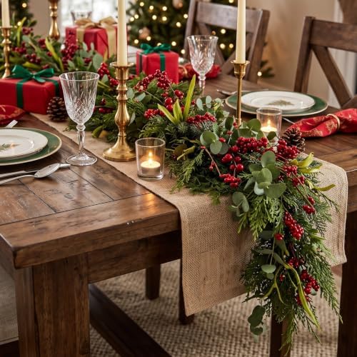 6FT Norfolk Pine Christmas Garland with Eucalyptus Red Berries, Realistic Artificial Cedar for Holiday Mantel, Table, Fireplace, Indoor Porch Xmas Decor - Image 2