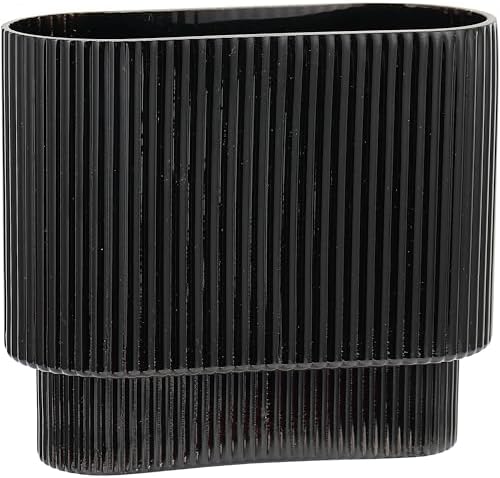 Ribbed Vase, Black Glass Vase for Flowers, Black Flower Vases for Tulips, Modern Vases for Living Room, Dining Table, Office, Bedroom, Mantle, Shelf, Wedding, 7 Inch by YANWE