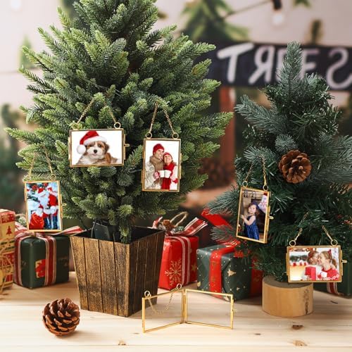Qunclay 6 Pcs 2x3” 3x2” Christmas Brass Picture Frame Ornaments Xmas Metal Double Glass Hanging Photo Frame with Metal Chain for Christmas Tree Decorations(Gold) - Image 5