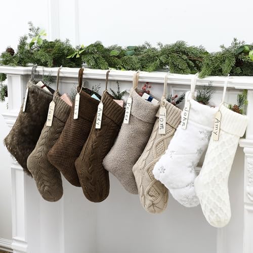 8 Pcs Neutral Christmas Stockings Set, 20'' Farmhouse Plush Faux Fur & 18'' Earth Tones Brown Cable Knitted Fireplace Xmas Stockings with Name Tags for Family Holiday Decor by Qinhenes