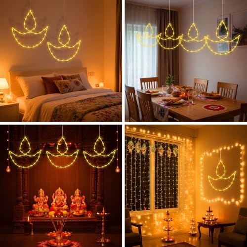 Huquary 4 Pcs Solar Diwali Diya Lights Window Lights Diwali Decorations for Home Deepavali Hanging Silhouette Lighted Decor with Solar Stake 4 Hooks for Indian Festival Mandir Altar Shrine Pooja Decor - Image 4