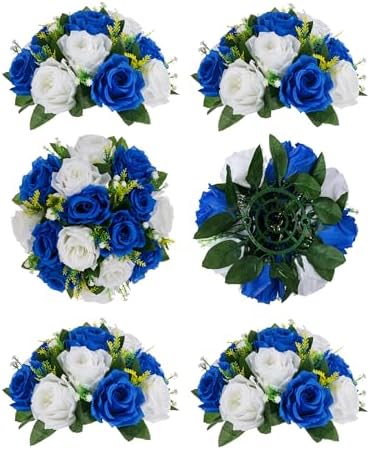 BLOSMON Royal Blue Artificial Flowers: 6 Pcs Fake Roses Flower Ball Centerpieces for Wedding Dinning Table - Faux Silk Kissing Bouquet Floral Arrangement for Home Party Event Decor by Blosmon