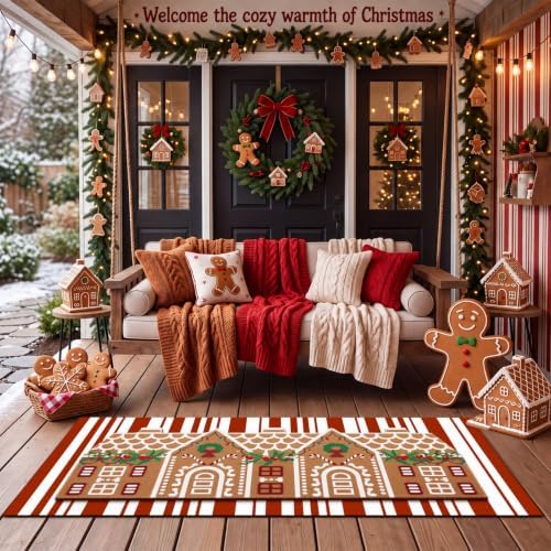 Tinideya 2 Pcs Large Gingerbread House Layered Doormat Christmas Front Mat - Image 5