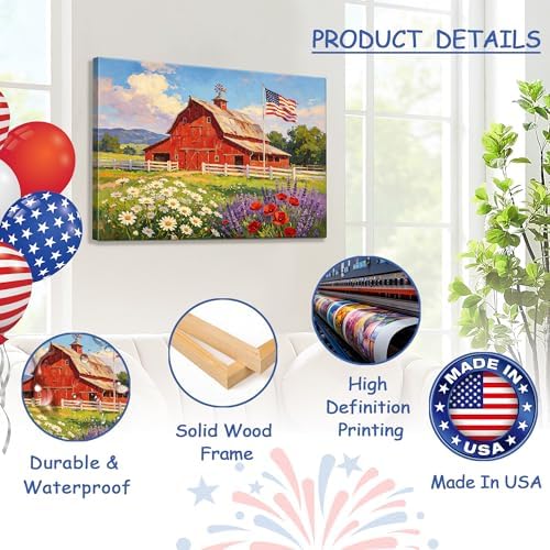 July 4th Patriotic Canvas Wall Art 4th of July USA Decorations Rustic American Flag and Wildflower Farmhouse Picture Wall Decor Independence Day Home Decor 20x24in - Image 4