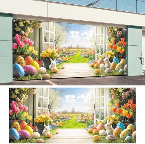 ANNA QUEEN Garden View Easter Garage Door Banner 7x16FT, Spring Flowers Easter Eggs Bunnies Garage Door Cover, Outdoor Decoration for Yard, Garage & Front Door - Image 6