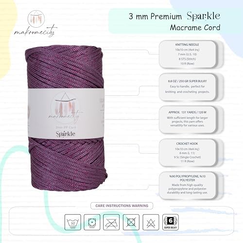 Makromecity Sparkle 2 Skeins of Polypropylene Macrame Cord 3mm x 131 Yards (394 feet) Premium Polyester Macrame Cord for Macrame Art & Crafts for Wall Hangings, Bags, Underplate, Rug - Image 3
