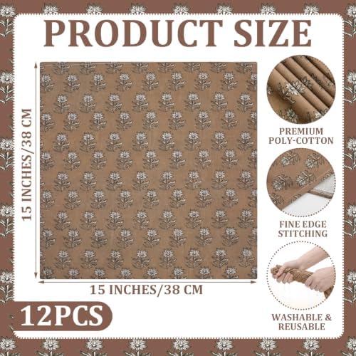 Mindsoft Set of 12 Floral Cloth Napkins Brown Linen Cloth Napkins - Image 2