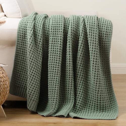 Sage Green Waffle Knit Throw Blanket for Couch, Chenille Blanket 60x80 in - Image 2