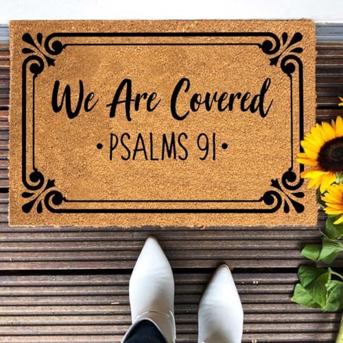 Funny Coir Doormat We Are Covered Psalms 91 Welcome Front Door Porch Patio Decor Doormats For The Entrance Way Outside Personalized Rugs with Heavy-Duty Back Non Slip Outdoor Mat 23.6 x 15.7 inch - Image 4