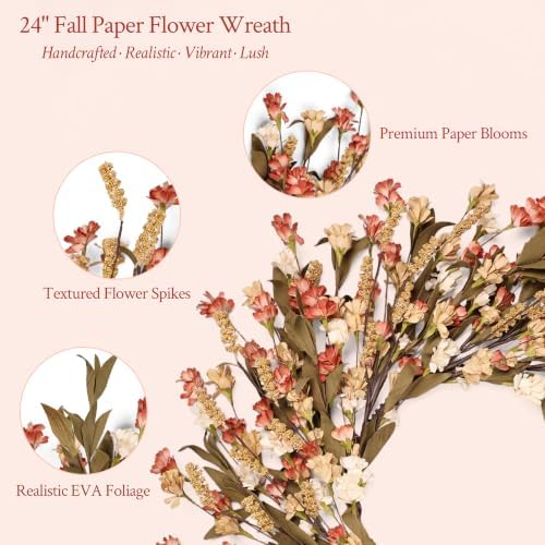 24in Fall Wreaths for Front Door Handcrafted Paper Flower Wreath - Image 4