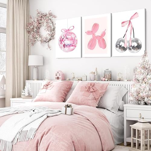 Framed Pink Disco Ball Wall Art Set of 3, Cute Cherry with Bows and Balloon Dog Posters Print, Trendy Pink Aesthetic Party Wall Decor for Teen Girls Bedroom Dorm Apartment 12x16in - Image 4