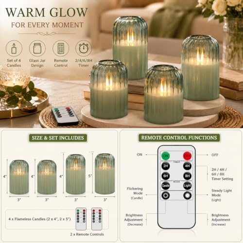 Lezonic Green Glass Flameless Candles with Remote, Set of 4 Dancing Flame LED Pillar Candles, Real Wax Battery Operated Candles with 2/4/6/8H Timer, Fall Halloween Thanksgiving Christmas Decor - Image 3