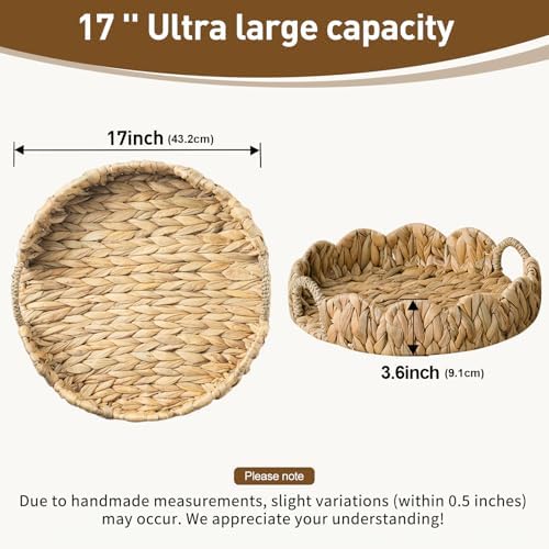 Round Wicker Scalloped Serving Tray with Handles - Seagrass Handwoven Trays,Water Hyacinth Tray for Home Decor and Living Room, Dining Table, Bathroom Organizing, 16.9" L x 16.9" W x 3.5" H - Image 3