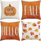 Set of 4 Fall Pillow Covers - 12x12 Inch Thanksgiving Decor Throw Pillows Covers with Pumpkins, Autumn Leaves - Decorative Home & Outdoor Sofa Couch Pillow Cases for Fall Theme Decorations (12 by 12) by NeateeLiving