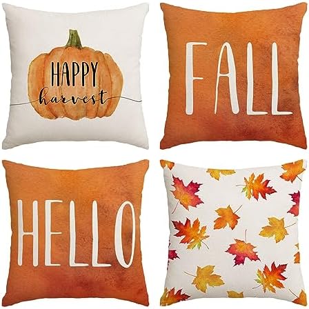 Set of 4 Fall Pillow Covers - 12x12 Inch Thanksgiving Decor Throw Pillows Covers with Pumpkins, Autumn Leaves - Decorative Home & Outdoor Sofa Couch Pillow Cases for Fall Theme Decorations (12 by 12) by NeateeLiving