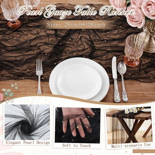 Black 10 Pcs Pearl Gauze Table Runner 120 Inch 10ft Pearl Sheer Tulle Table Cloth Centerpieces for Home Wedding Birthday Bridal Baby Shower Party Favor Holiday Dining Decorations - Image 2