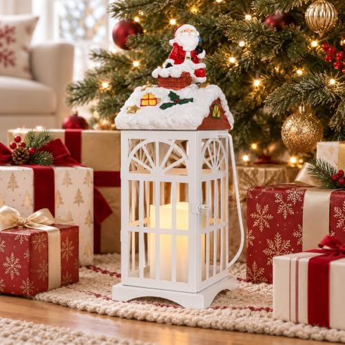 Santa on Chimney Christmas Lantern, LED Flickering Candle Light, Christmas Decorations for Home, Resin & Metal Frame, Battery Operated (Batteries Not Included), Indoor Outdoor Decor by DECORKEY