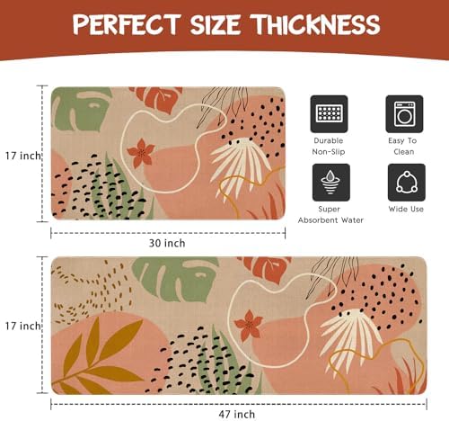 Boho Kitchen Mat Set of 2,Pink Botanical Modern Farmhouse Kitchen Rugs and Mats Non Skid Washable,Bohemia Runner Rugs with Rubber Backing for Kitchen Decor Accessories (17"x47"+17"x30") - Image 3