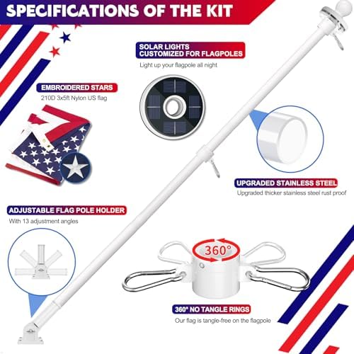 ZMTECH 2 Pack 6FT White Flag Pole Kit with Solar Light and Proud American Flag, Adjustable Bracket and Upgraded Tangle-Free Ring 1" Stainless Steel Flagpole for Day and Night, Residential, Commercial - Image 2