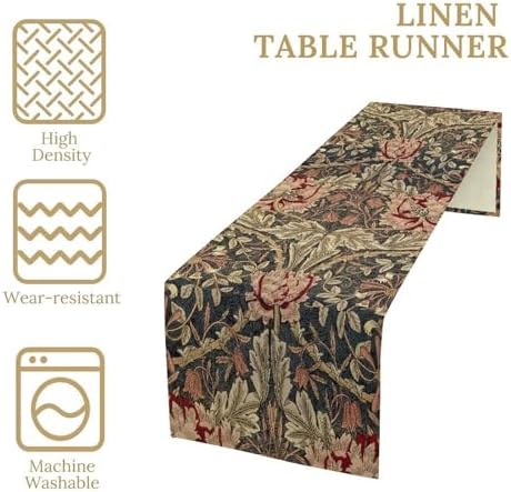 William Morris Style Table Runner for Table Decor, Art Blue Vintage Botanical Flower Rustic Floral Bird Printed for Kitchen Dining Room Living Room Farmhouse Party Holiday Decorate 13" x 120" - Image 2