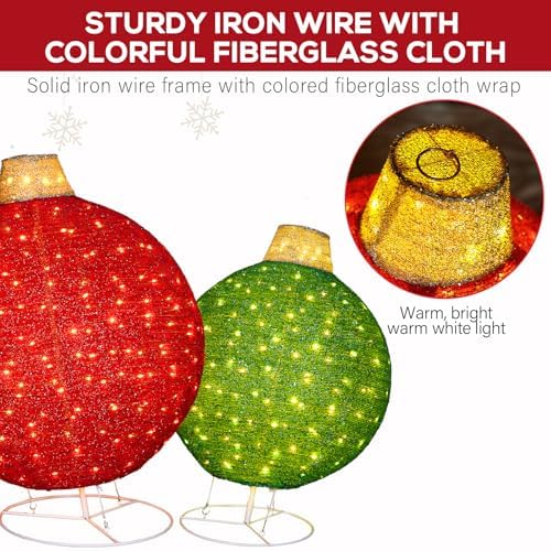 Hykolity 2 Pack 30" & 24" Pop-Up Iron Christmas Ornament Set, 230 Warm White LEDs with UL Transformer, 8 Light Functions & 18H Timer, Red & Green - Image 5