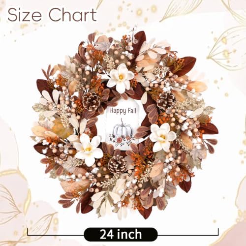 24 Inch Fall Wreath Magnolia Pinecones Farmhouse for Front Door - Image 2