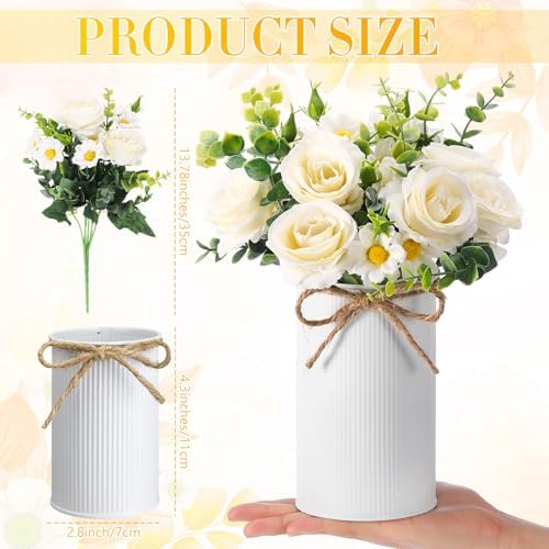 Domensi 6 Sets Wedding Centerpiece for Table Decoration Artificial Fake Rose Flowers with Metal Vase, Faux Silk Rose Bouquet Floral Arrangements for Bridal Shower Home Dining Party (White) - Image 3