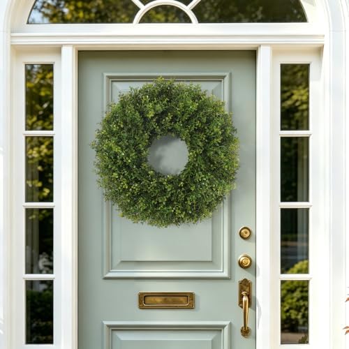 26’’ Artificial Boxwood Wreath for Front Door, Small Leaves Wreath, Green - Image 5