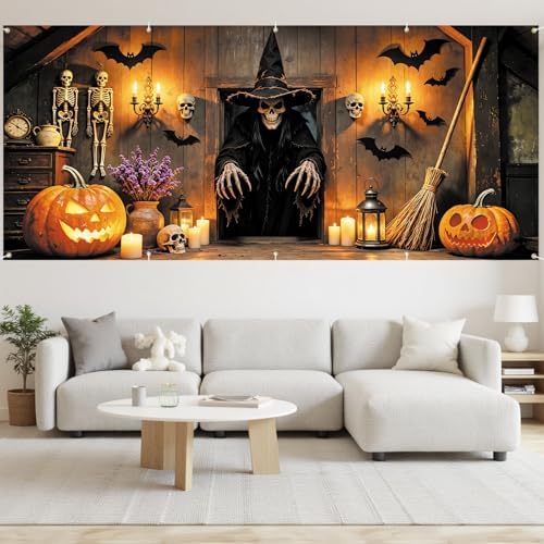 7x16FT Skull Witch Halloween Garage Door Banner Skeleton Witch Happy Hallowen Garage Door Cover Decoration for Hallowen Decoration - Image 6