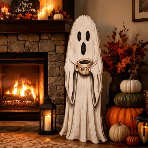 37.4 Inch Halloween Front Porch Decor, Coffee Ghost Wooden Porch Sign - Image 4